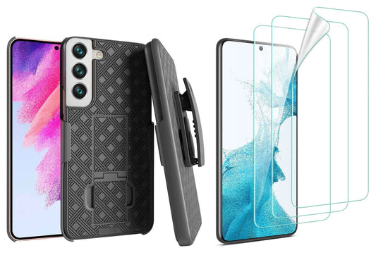 image of Belt Clip Case and 3 Pack Screen Protector Swivel Holster TPU Film Kickstand Cover Anti-Glare Fingerprint Works  - BFZ54+3Z35 1920-1