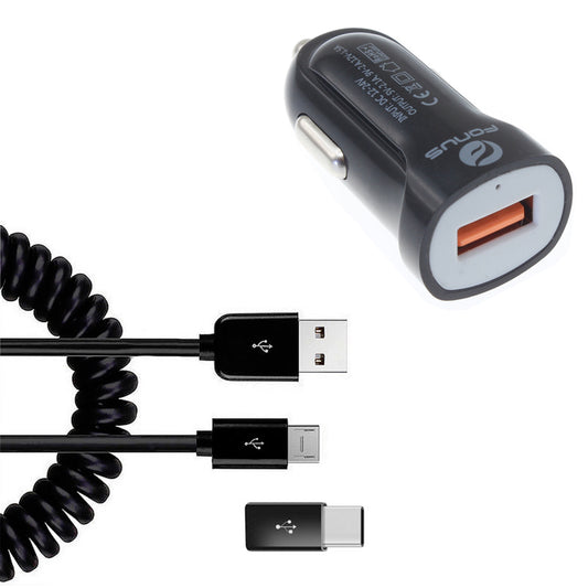 image of  24W Fast Car Charger  Coiled USB Cable Micro-USB to USB-C Adapter Power Cord Wire  Quick Charge   - BFK78 1880-1