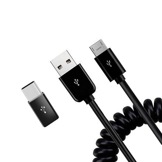 image of Coiled USB Cable Charger Cord Micro-USB to USB-C Adapter Power Wire Sync Black  - BFK81 1881-1