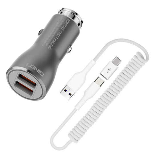 image of  Car Charger   36W Fast   2-Port USB   Coiled Cable   Type-C   Quick Charge   - BFK21 1877-1