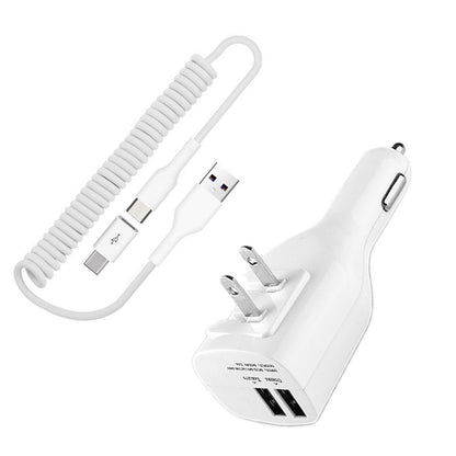 2-in-1 Car Home Charger Coiled USB Cable Micro-USB to USB-C Adapter Charger Cord Power Wire Folding Prongs  - BFK12 1879-1