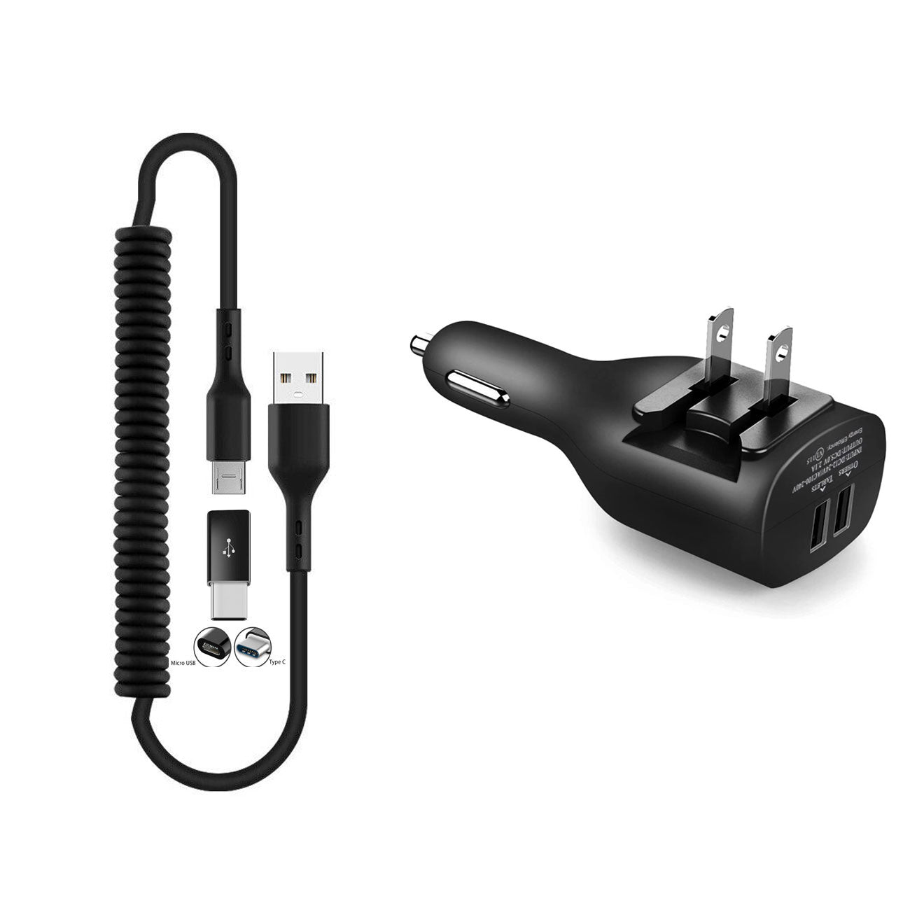 2-in-1 Car Home Charger Coiled USB Cable Micro-USB to USB-C Adapter Charger Cord Power Wire Black  - BFE96 1882-3