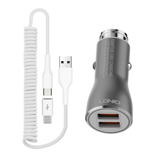 image of  Car Charger   36W Fast   2-Port USB   Coiled Cable   Type-C   Quick Charge   - BFK21 1877-1