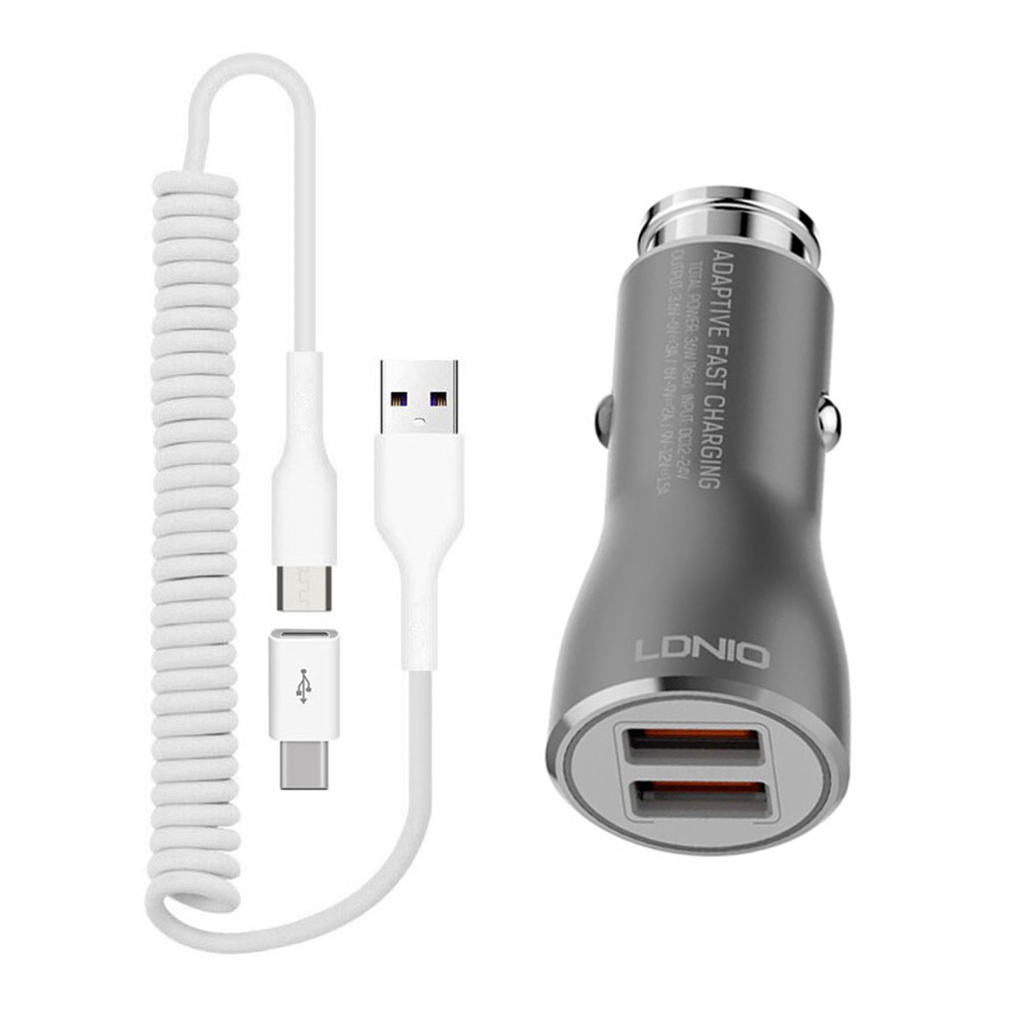  Car Charger   36W Fast   2-Port USB   Coiled Cable   Type-C   Quick Charge   - BFK21 1877-1