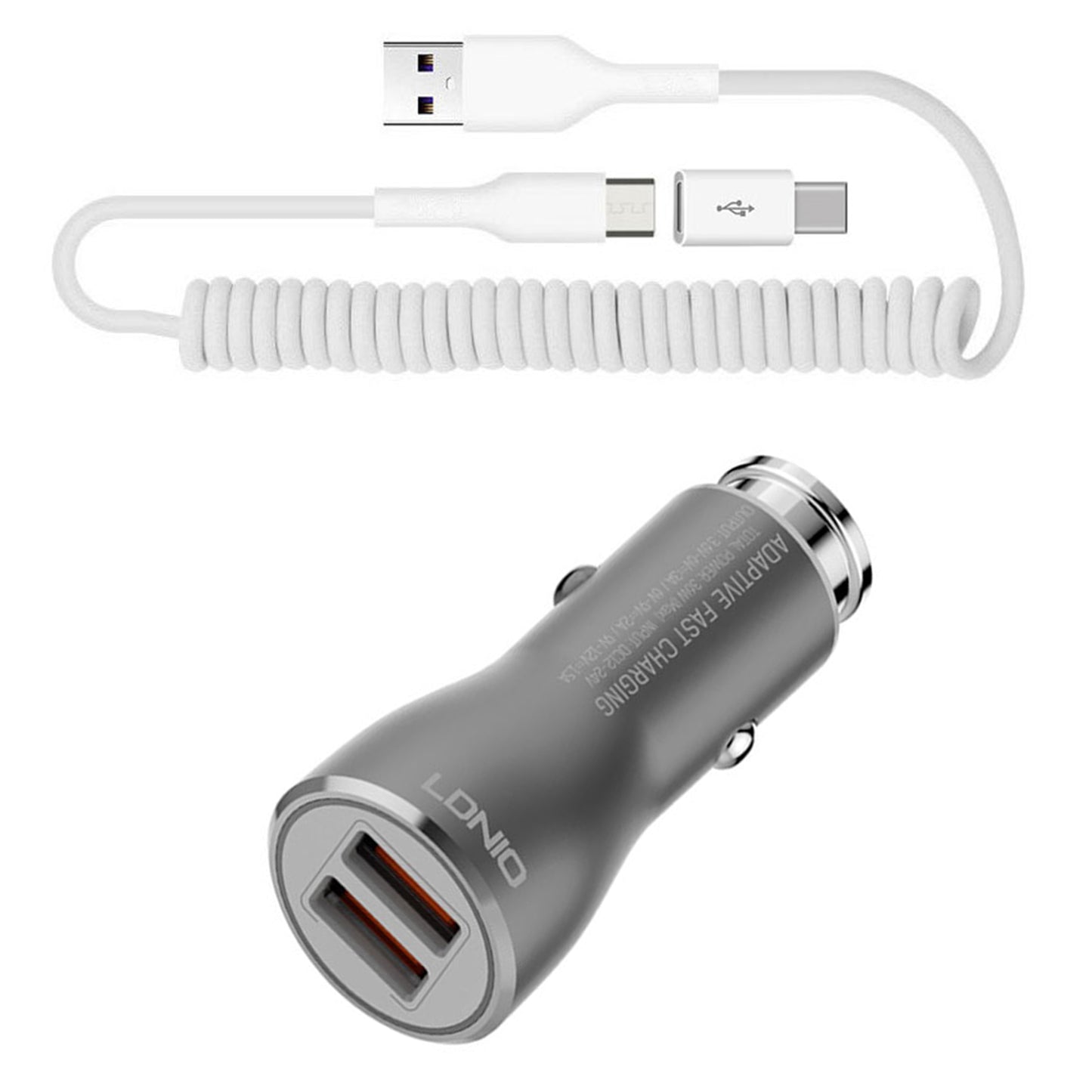  Car Charger   36W Fast   2-Port USB   Coiled Cable   Type-C   Quick Charge   - BFK21 1877-1