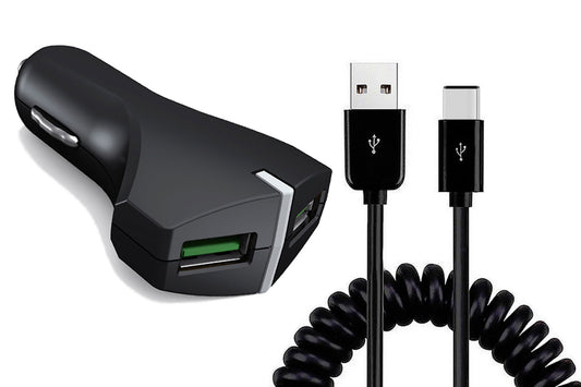 image of Car Charger 36W Fast 2-Port USB Coiled Cable Type-C Quick Charge  - BFE39 1487-1