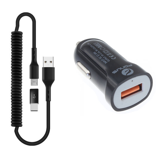 image of  24W Fast Car Charger  Coiled USB Cable Micro-USB to USB-C Adapter Power Cord Wire  Quick Charge   - BFK78 1880-1