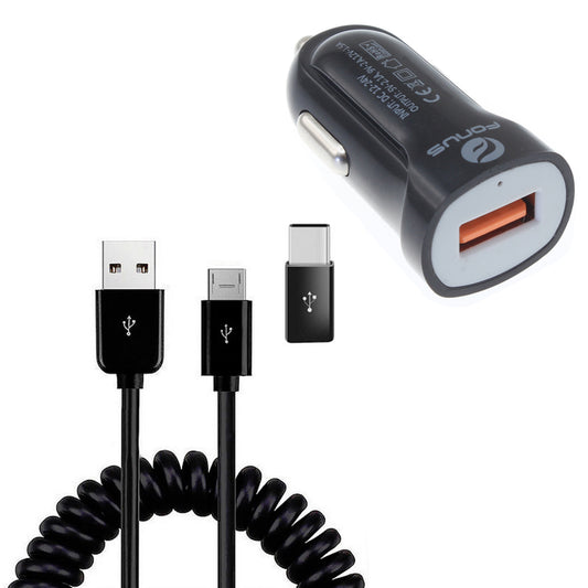 image of  24W Fast Car Charger  Coiled USB Cable Micro-USB to USB-C Adapter Power Cord Wire  Quick Charge   - BFK78 1880-1