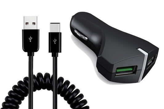 image of Car Charger 36W Fast 2-Port USB Coiled Cable Type-C Quick Charge  - BFE39 1487-1