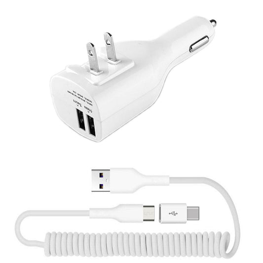 image of 2-in-1 Car Home Charger Coiled USB Cable Micro-USB to USB-C Adapter Charger Cord Power Wire Folding Prongs  - BFK12 1879-1