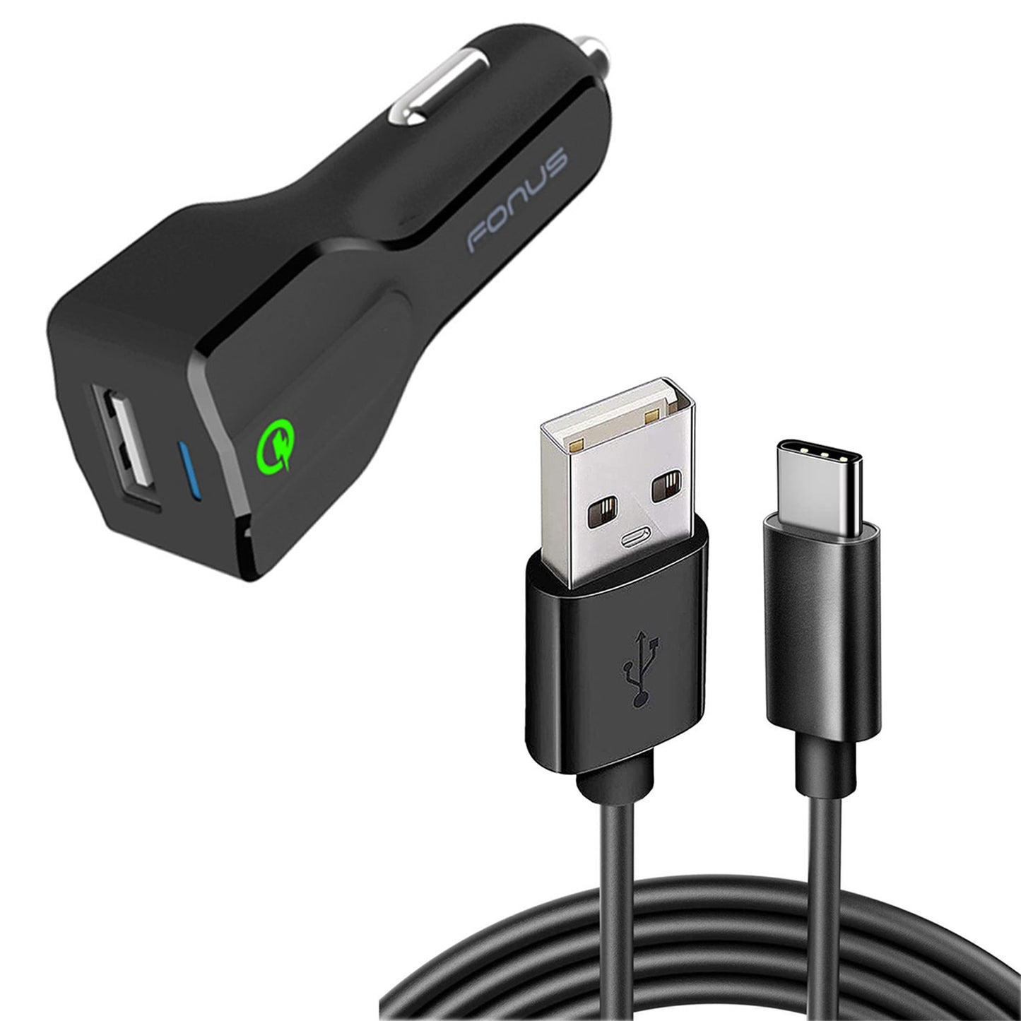 Car Charger 18W Fast USB Port 6ft Cable Type-C Quick Charge  - BFK42 973-1