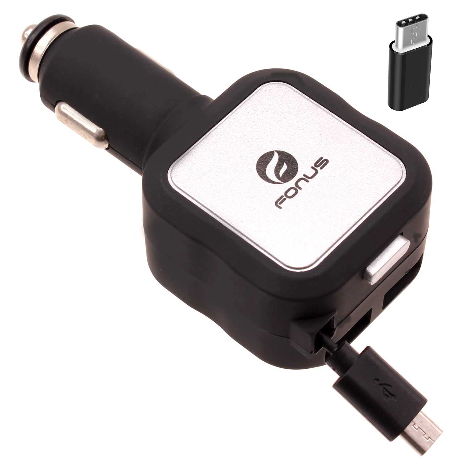 Retractable Car Charger TWO USB PORTS with USB-C Adapter 2016-1