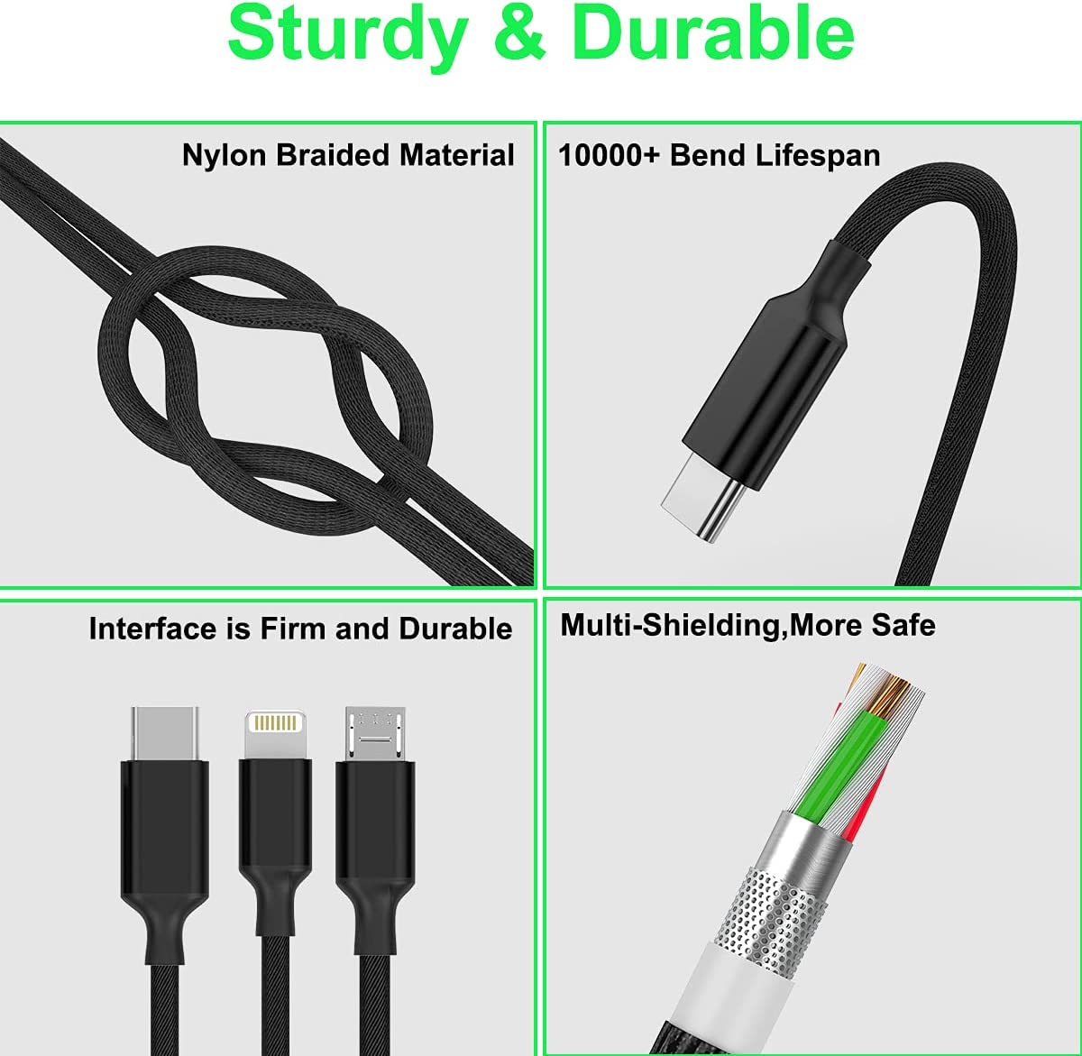  3-in-1 USB Cable (Type-C, 8-Pin, Micro-USB) Charging Wire  Power Cord  USB-C Sync  - BFG86 1857-5