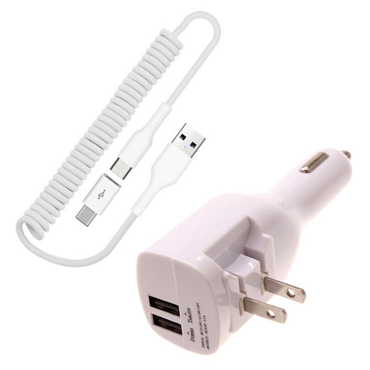 image of 2-in-1 Car Home Charger Coiled USB Cable Micro-USB to USB-C Adapter Charger Cord Power Wire Folding Prongs  - BFK12 1879-1