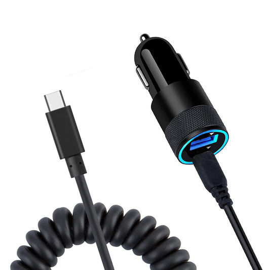 36W Fast Car Charger USB-C Power Adapter Coiled Type-C Cable Extra USB Port DC Socket  - BFJ27 1573-1