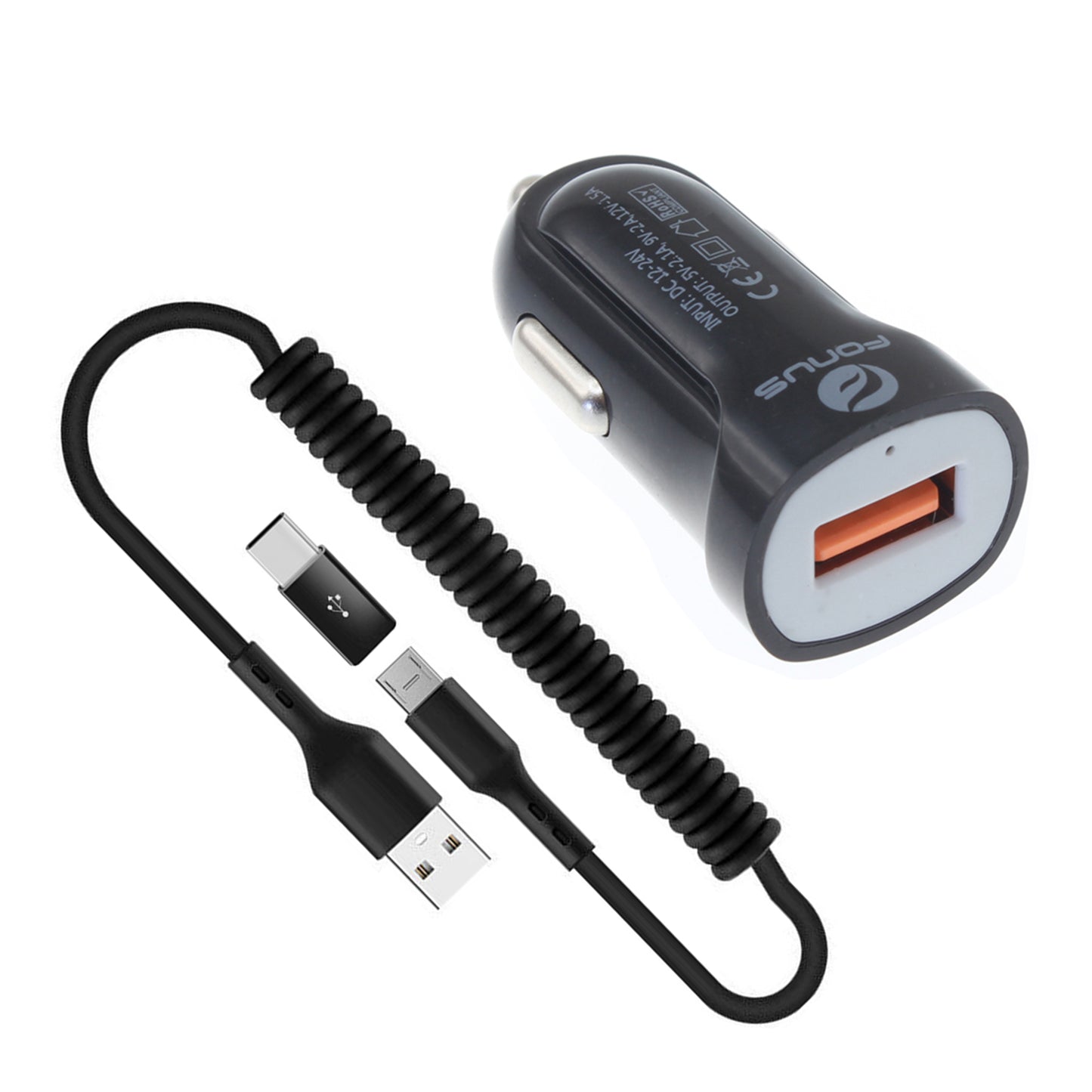  24W Fast Car Charger  Coiled USB Cable Micro-USB to USB-C Adapter Power Cord Wire  Quick Charge   - BFK78 1880-1