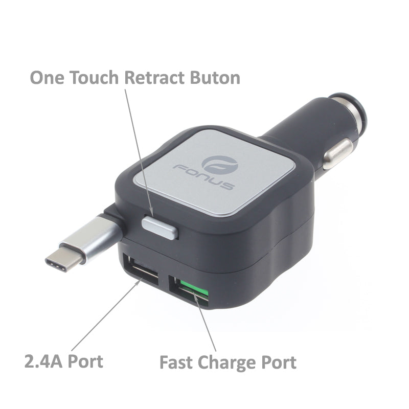 Car Charger Retractable 4.8Amp Type-C 2-Port USB Fast Charge  - BFM43 1064-4