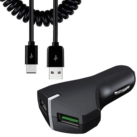 image of Car Charger 36W Fast 2-Port USB Coiled Cable Type-C Quick Charge  - BFE39 1487-1