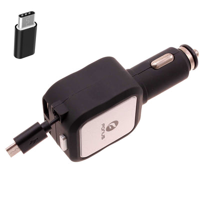 Retractable Car Charger TWO USB PORTS with USB-C Adapter 2016-1