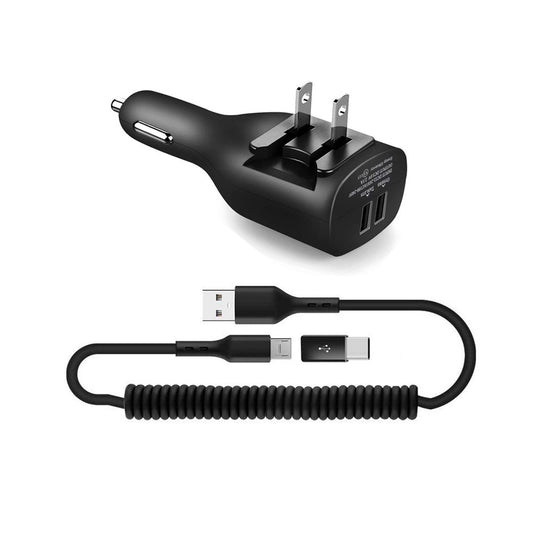 image of 2-in-1 Car Home Charger Coiled USB Cable Micro-USB to USB-C Adapter Charger Cord Power Wire Black  - BFE96 1882-1