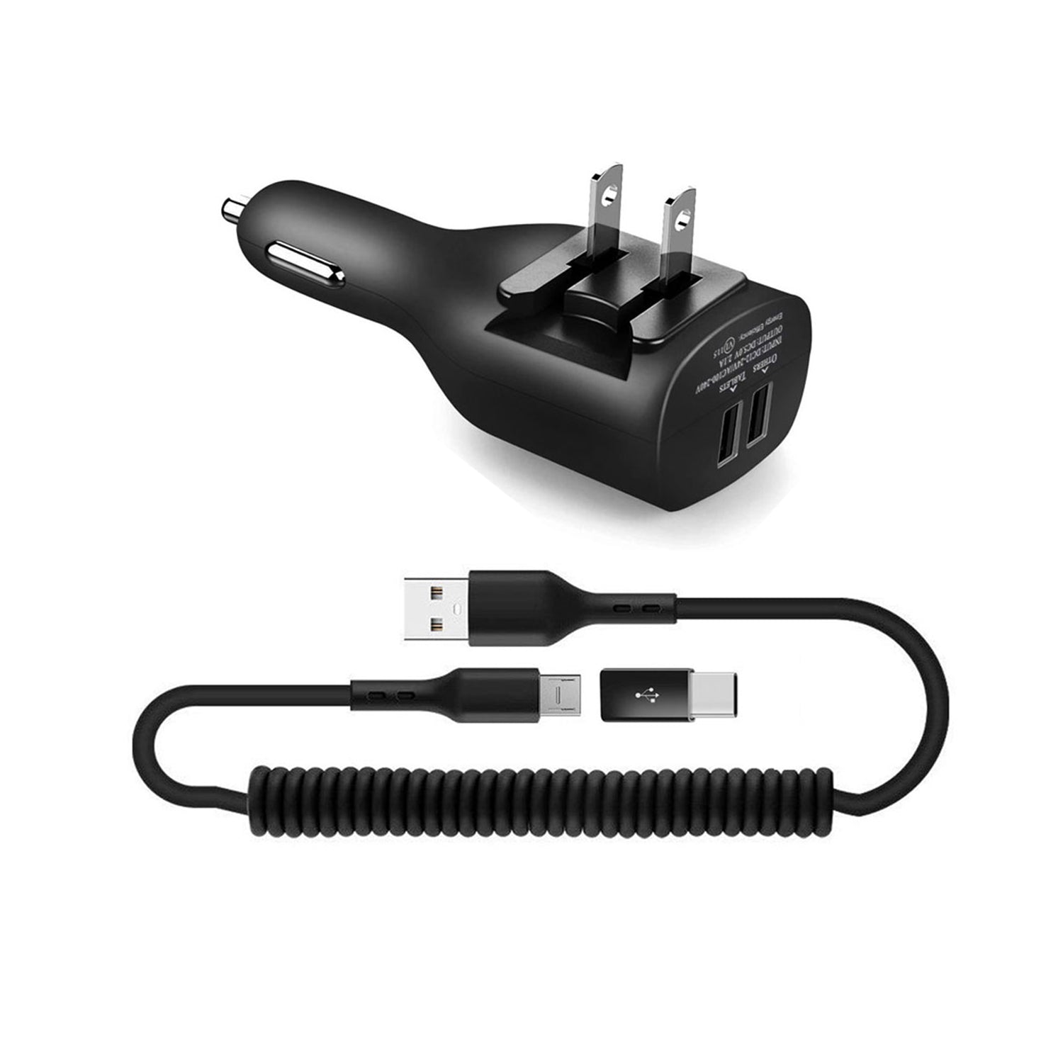 2-in-1 Car Home Charger Coiled USB Cable Micro-USB to USB-C Adapter Charger Cord Power Wire Black  - BFE96 1882-1