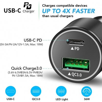 Quick Car Charger 36W 2-Port USB Cable Type-C PD  Power Adapter  - BFL91 1336-2