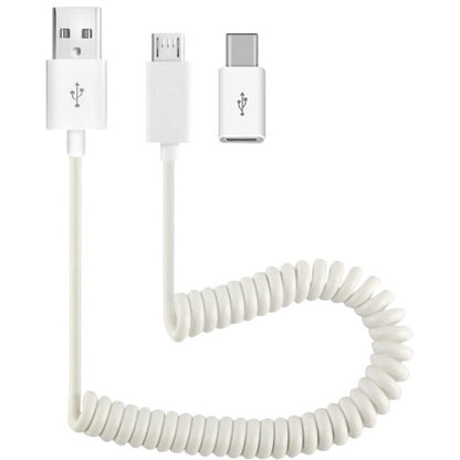 2-in-1 Car Home Charger Coiled USB Cable Micro-USB to USB-C Adapter Charger Cord Power Wire Folding Prongs  - BFK12 1879-2