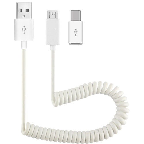 2-in-1 Car Home Charger Coiled USB Cable Micro-USB to USB-C Adapter Charger Cord Power Wire Folding Prongs  - BFK12 1879-2