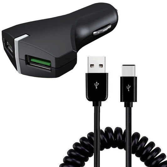 image of Car Charger 36W Fast 2-Port USB Coiled Cable Type-C Quick Charge  - BFE39 1487-1