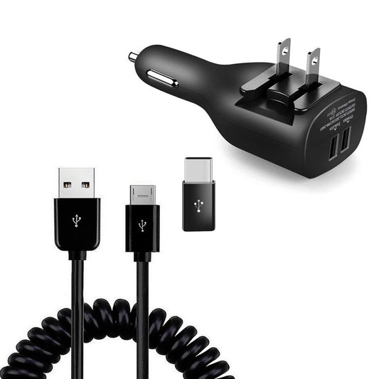 image of 2-in-1 Car Home Charger Coiled USB Cable Micro-USB to USB-C Adapter Charger Cord Power Wire Black  - BFE96 1882-1