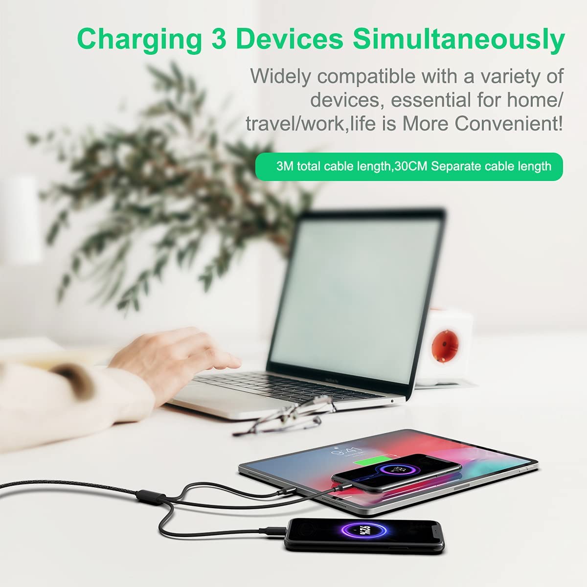  3-in-1 USB Cable (Type-C, 8-Pin, Micro-USB) Charging Wire  Power Cord  USB-C Sync  - BFG86 1857-2