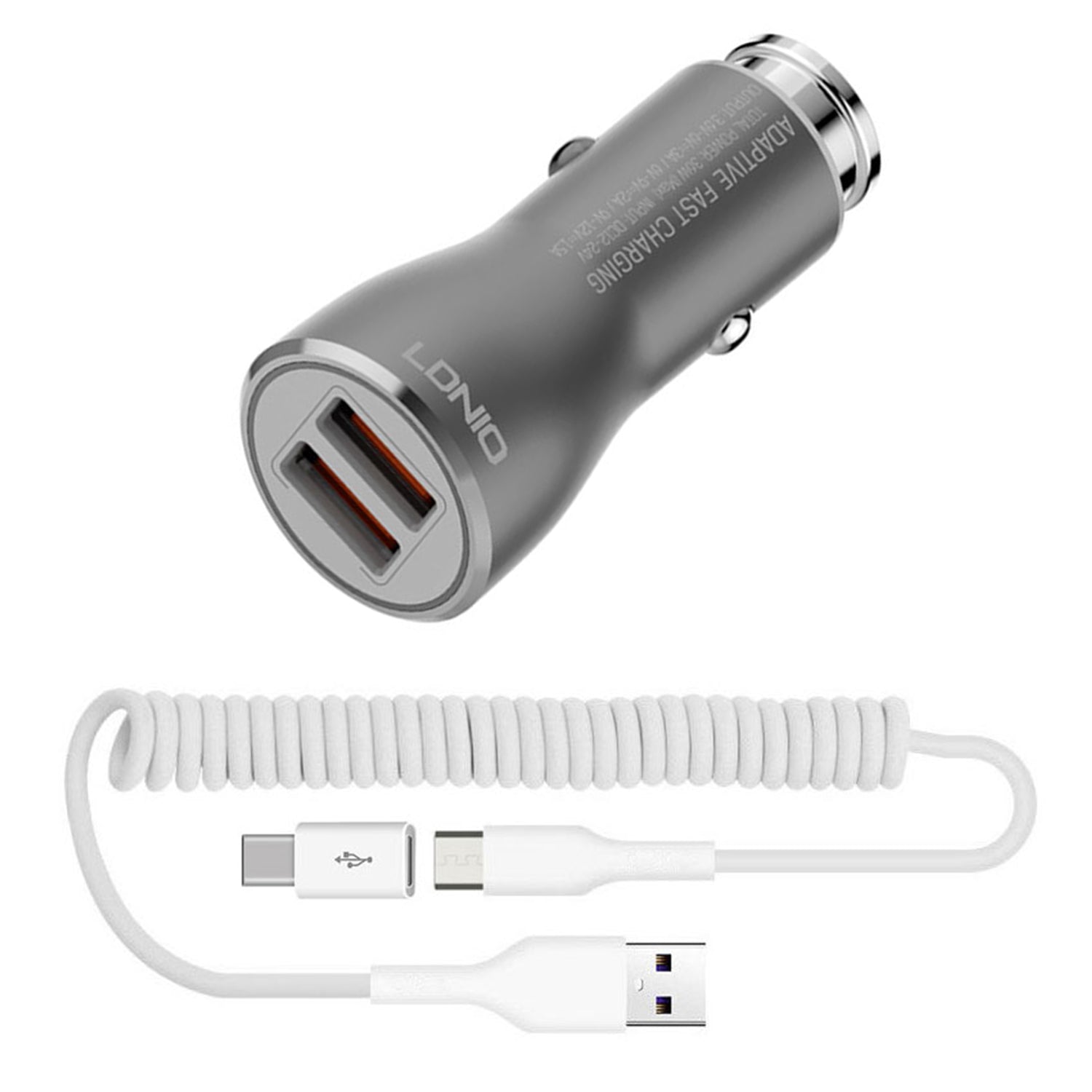  Car Charger   36W Fast   2-Port USB   Coiled Cable   Type-C   Quick Charge   - BFK21 1877-1