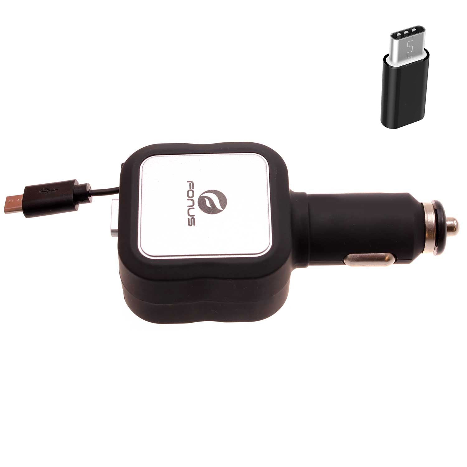 Retractable Car Charger TWO USB PORTS with USB-C Adapter 2016-1