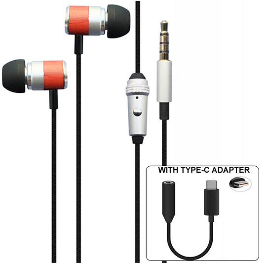 image of Headset Type-C Adapter Earphones Hands-free Microphone Wooden Earbuds  - BFS70 868-1