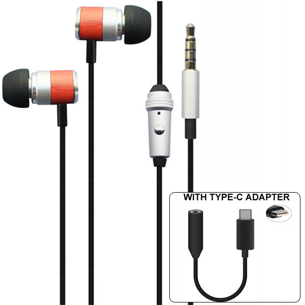 Headset Type-C Adapter Earphones Hands-free Microphone Wooden Earbuds  - BFS70 868-1