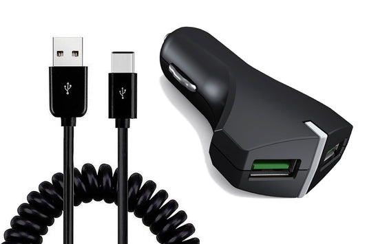 image of Car Charger 36W Fast 2-Port USB Coiled Cable Type-C Quick Charge  - BFE39 1487-1