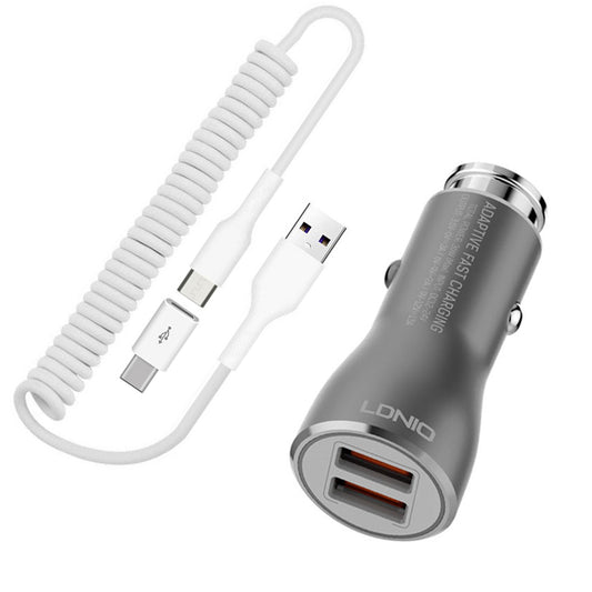 image of  Car Charger   36W Fast   2-Port USB   Coiled Cable   Type-C   Quick Charge   - BFK21 1877-1