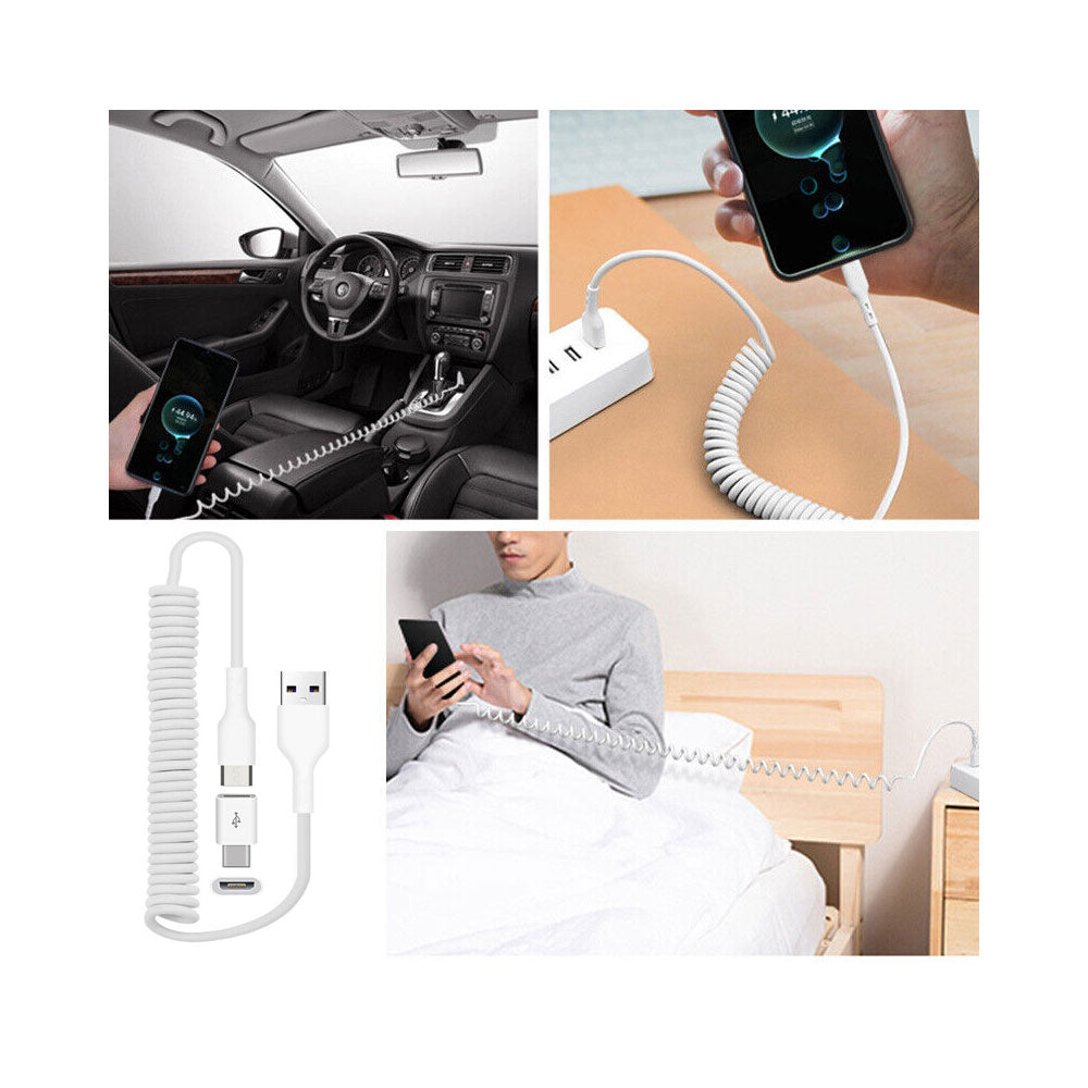 2-in-1 Car Home Charger Coiled USB Cable Micro-USB to USB-C Adapter Charger Cord Power Wire Folding Prongs  - BFK12 1879-5