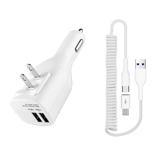 image of 2-in-1 Car Home Charger Coiled USB Cable Micro-USB to USB-C Adapter Charger Cord Power Wire Folding Prongs  - BFK12 1879-1