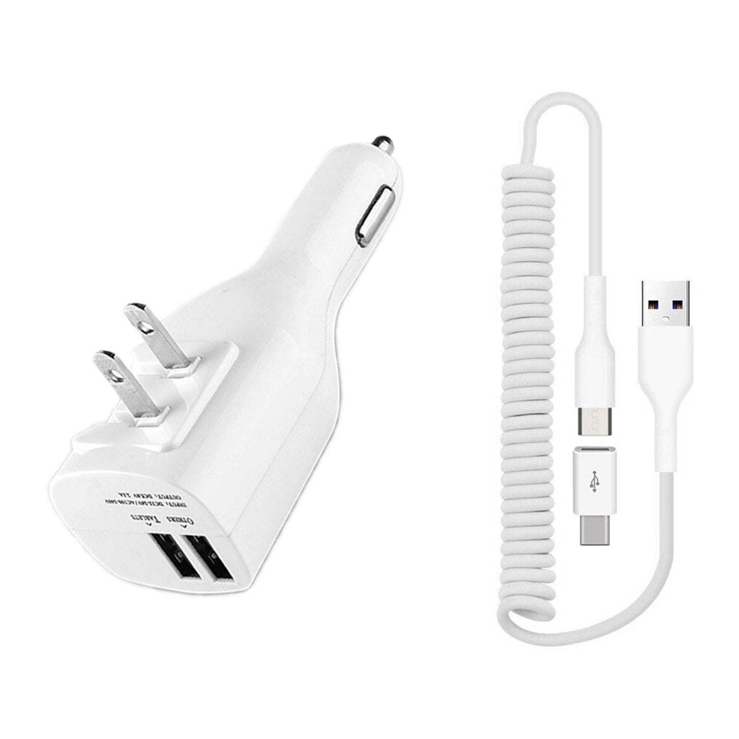 2-in-1 Car Home Charger Coiled USB Cable Micro-USB to USB-C Adapter Charger Cord Power Wire Folding Prongs  - BFK12 1879-1