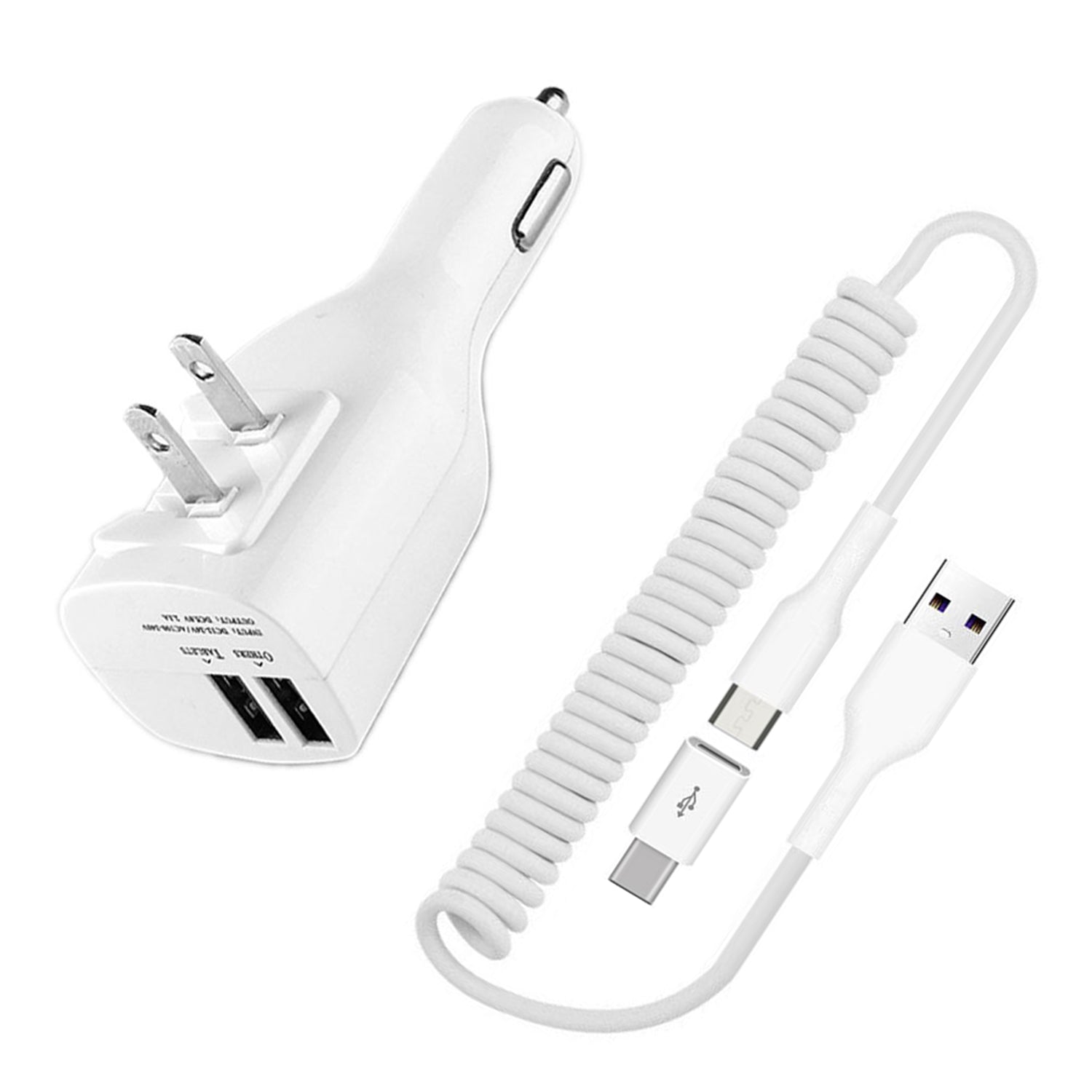 2-in-1 Car Home Charger Coiled USB Cable Micro-USB to USB-C Adapter Charger Cord Power Wire Folding Prongs  - BFK12 1879-1