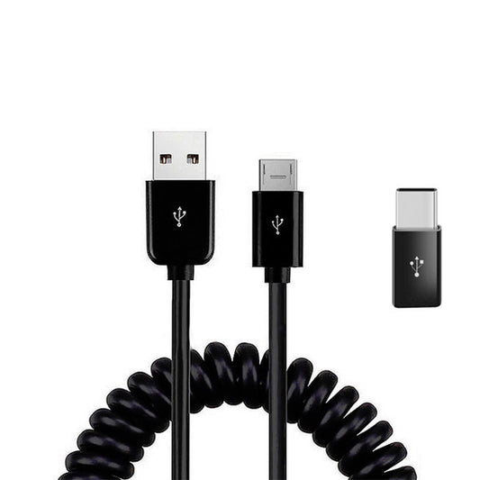 image of Coiled USB Cable Charger Cord Micro-USB to USB-C Adapter Power Wire Sync Black  - BFK81 1881-1