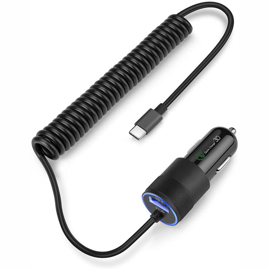 image of 36W Fast Car Charger USB-C Power Adapter Coiled Type-C Cable Extra USB Port DC Socket  - BFJ27 1573-1