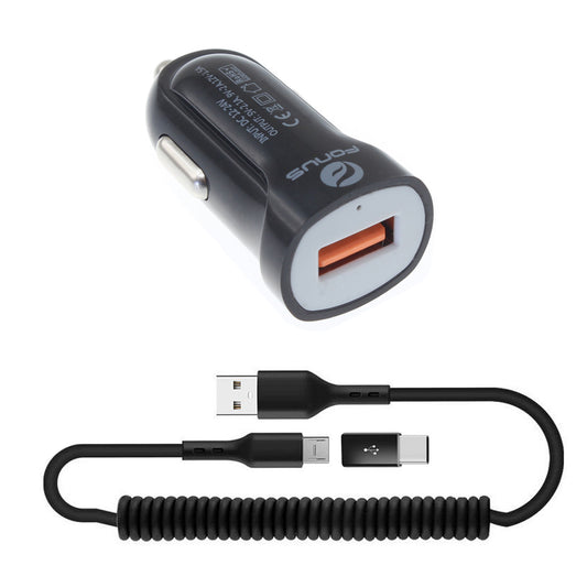 image of  24W Fast Car Charger  Coiled USB Cable Micro-USB to USB-C Adapter Power Cord Wire  Quick Charge   - BFK78 1880-1