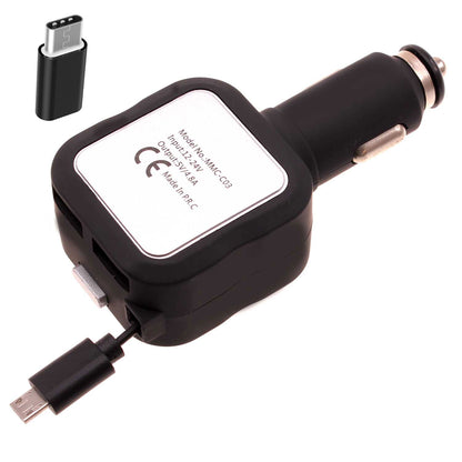 Retractable Car Charger TWO USB PORTS with USB-C Adapter 2016-1