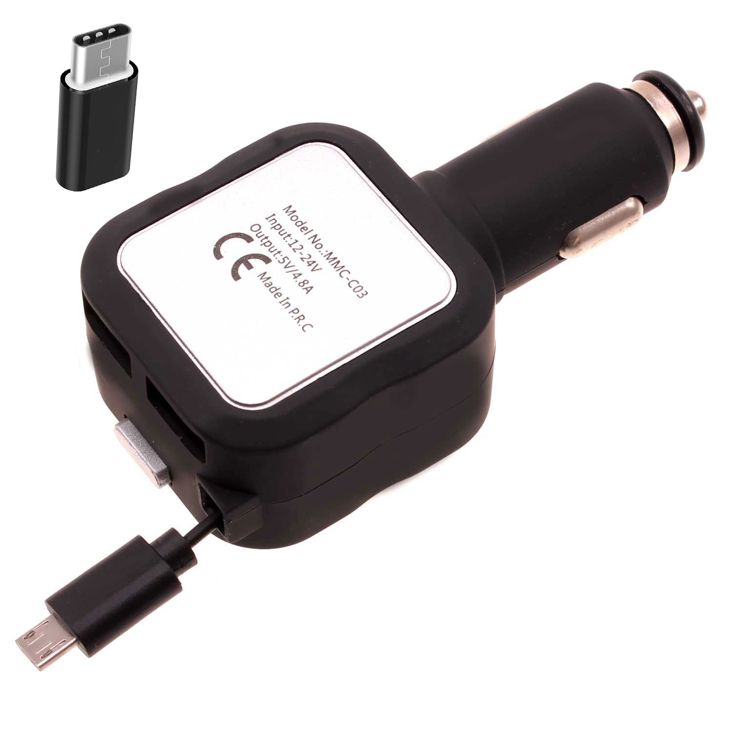 Retractable Car Charger TWO USB PORTS with USB-C Adapter 2016-1