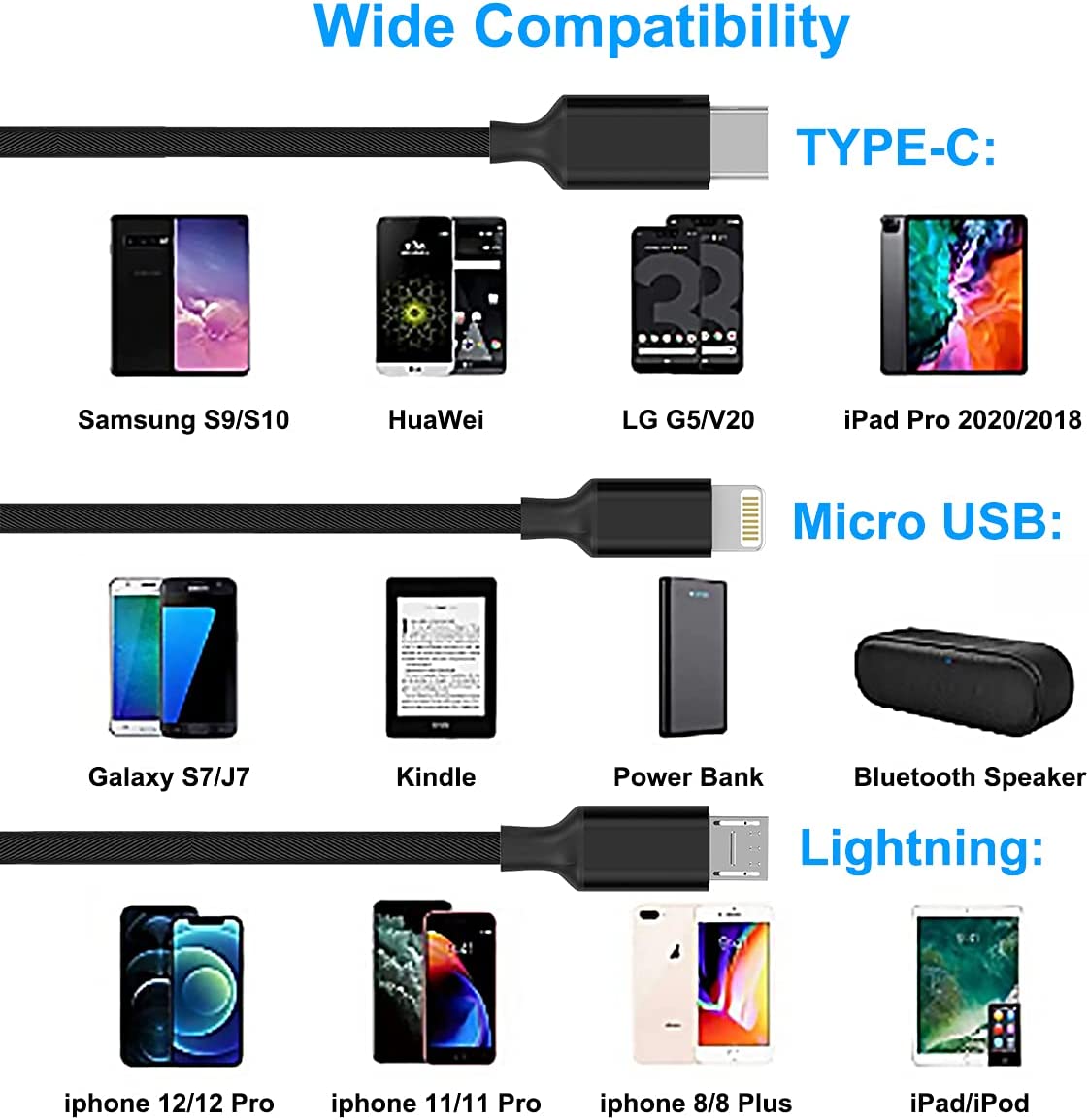  3-in-1 USB Cable (Type-C, 8-Pin, Micro-USB) Charging Wire  Power Cord  USB-C Sync  - BFG86 1857-3