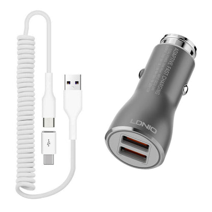  Car Charger   36W Fast   2-Port USB   Coiled Cable   Type-C   Quick Charge   - BFK21 1877-1