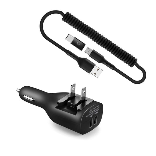 image of 2-in-1 Car Home Charger Coiled USB Cable Micro-USB to USB-C Adapter Charger Cord Power Wire Black  - BFE96 1882-1