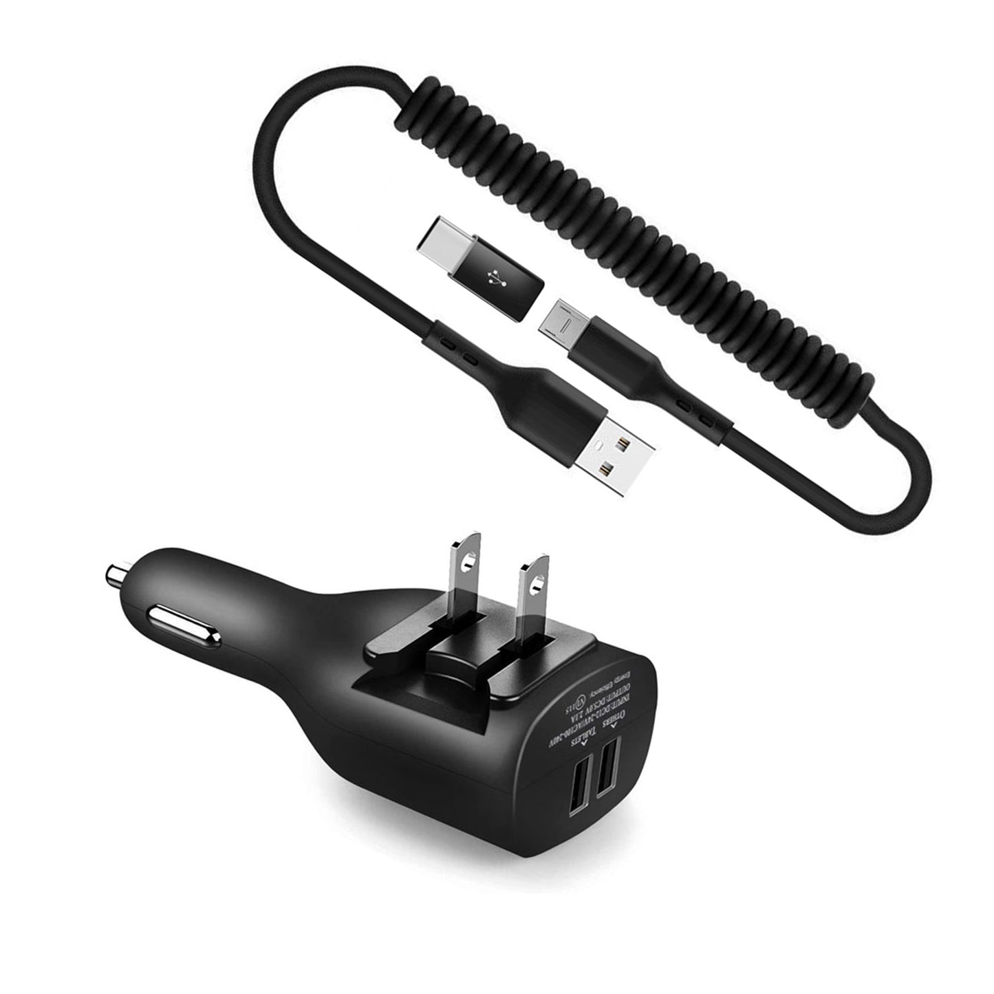 2-in-1 Car Home Charger Coiled USB Cable Micro-USB to USB-C Adapter Charger Cord Power Wire Black  - BFE96 1882-1